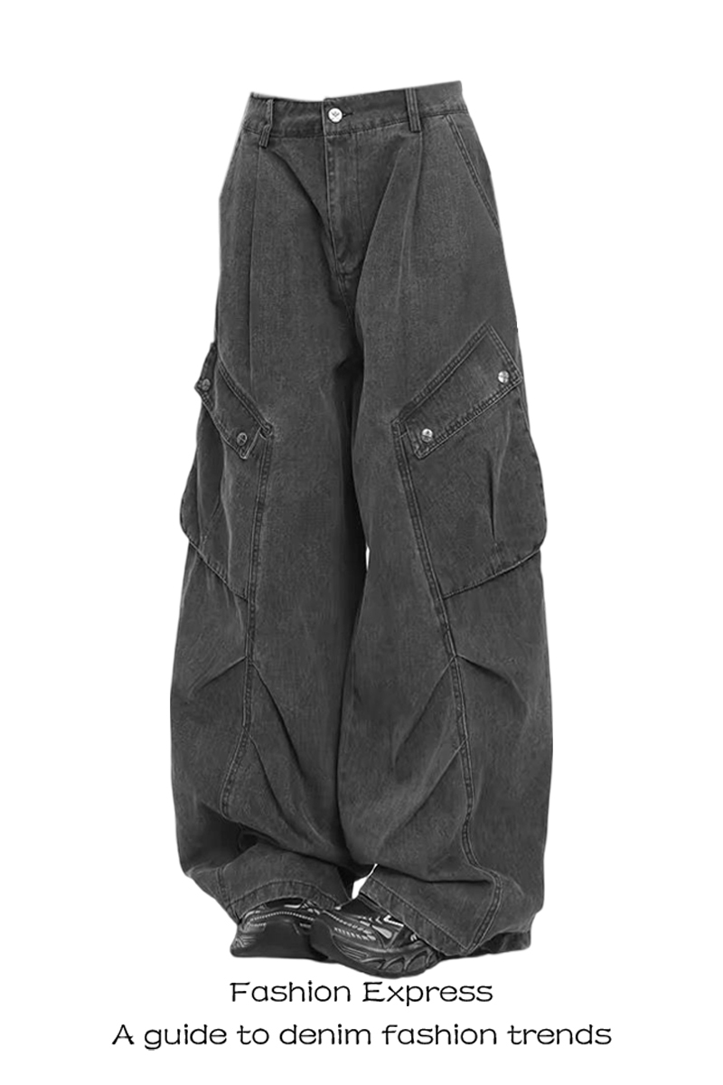 Vintage American High Street Pleated Workwear Jeans for Women - Loose Floor-Length Pants for Autumn and Winter Fashion