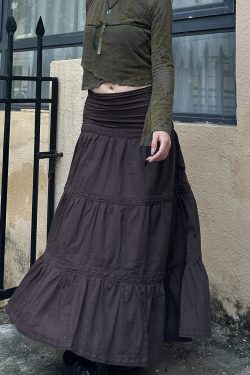 Vintage American Low-Waist Midi Skirt with French Lace Splicing - Versatile Loose Cake Skirt for Women, Y2K Style