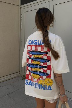 Vintage American Retro Fish Print Cotton Short Sleeve T-Shirt for Women - Trendy Summer Top in European and American Style