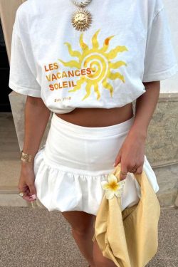 Vintage American Retro Sun Print Oversized Cotton Short Sleeve T-Shirt for Women - Trendy Summer Casual Top