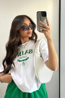 Vintage American Retro White Letter Oversized Short Sleeve T-Shirt for Women - Trendy Y2K Hot Girl Cotton Top