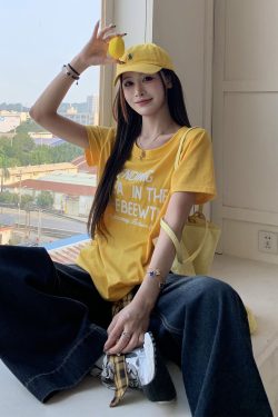 Vintage American Round Neck Printed Letter Short Sleeve T-Shirt for Women - Korean Style Summer Loose Fit Hot Girl Top