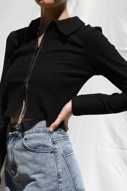 Vintage American Style High-Waisted Ribbed Long Sleeve T-Shirt Cardigan with Double-Head Zipper and Small Lapel