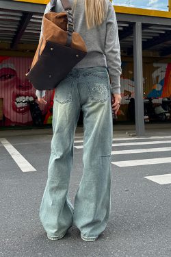 Vintage American Washed Micro-Flare Workwear Jeans for Men and Women - Loose Fit Embroidered Casual Pants, 90s Inspired Fashion