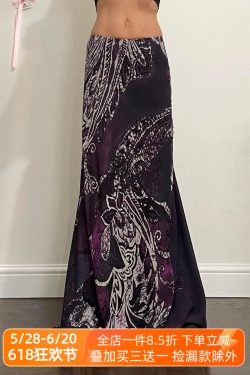 Vintage Black Purple Gradient A-Line Dress with Exotic Ancient Vine Design - Women's Retro Mid-Length Fashion