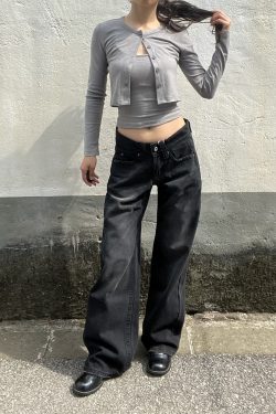 Vintage Black Washed Straight-Leg Low-Waist Slim Fit Loose Floor-Length Jeans for Women - American Style 90s Fashion