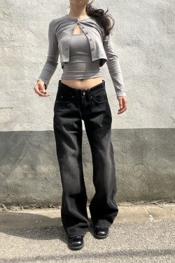 Vintage Black Washed Straight-Leg Low-Waist Slim Fit Loose Floor-Length Jeans for Women - American Style 90s Fashion