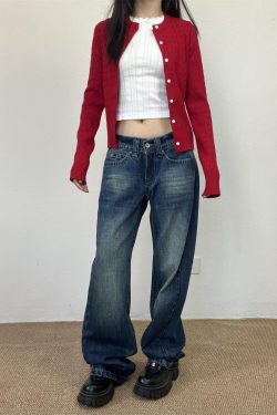 Vintage Blue Embroidered Low-Waist Straight-Leg Jeans for Women - Slim Fit Loose Floor-Length Y2K Style Pants