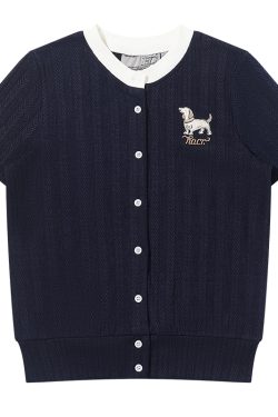 Vintage British Style Lightweight Twisted Short-Sleeve Cardigan with Small Dog Embroidery for Summer Fashion
