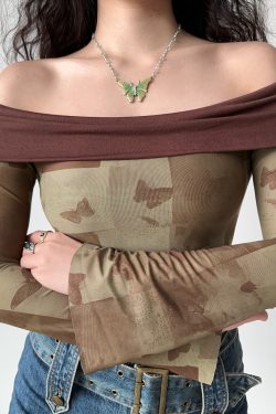 Vintage Butterfly Print One-Shoulder T-Shirt for Women - Slim Fit Flared Long Sleeve Top, Y2K Inspired Fashion