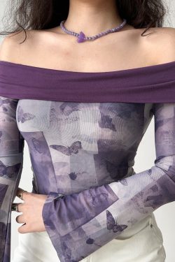 Vintage Butterfly Print One-Shoulder T-Shirt for Women - Slim Fit Flared Long Sleeve Top, Y2K Inspired Fashion