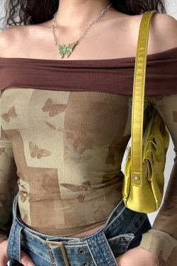 Vintage Butterfly Print One-Shoulder T-Shirt for Women - Slim Fit Flared Long Sleeve Top, Y2K Inspired Fashion