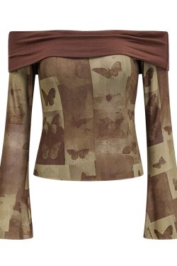 Vintage Butterfly Print One-Shoulder T-Shirt for Women - Slim Fit Flared Long Sleeve Top, Y2K Inspired Fashion