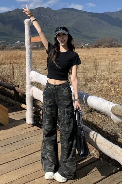 Vintage Camouflage Cargo Pants for Women, Multi-Pocket Loose Straight Wide-Leg Style, 90s Inspired Fashion