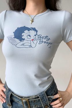 Vintage Cartoon Print Round Neck Short Sleeve T-shirt for Women - Slim Fit American Style Top