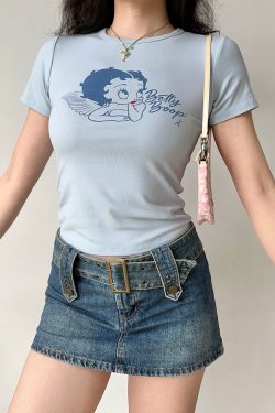 Vintage Cartoon Print Round Neck Short Sleeve T-shirt for Women - Slim Fit American Style Top