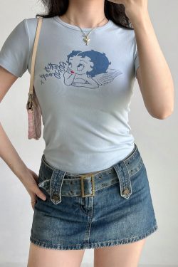 Vintage Cartoon Print Round Neck Short Sleeve T-shirt for Women - Slim Fit American Style Top