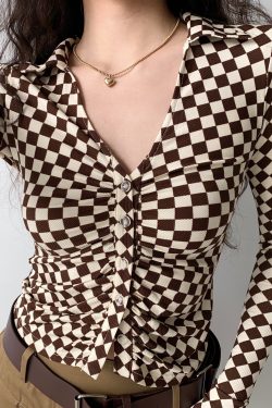 Vintage Checkered Long Sleeve Shirt with Deep V-Neck and Bell Sleeves for Women - European American Style Slim Fit Top