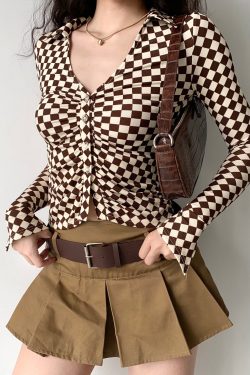 Vintage Checkered Long Sleeve Shirt with Deep V-Neck and Bell Sleeves for Women - European American Style Slim Fit Top
