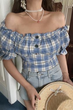 Vintage Checkered One-Shoulder Puff Sleeve Shirt Top – DIY Waist-Cinching Short-Sleeve Vacation Style