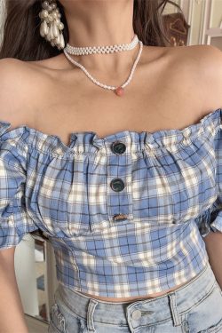 Vintage Checkered One-Shoulder Puff Sleeve Shirt Top – DIY Waist-Cinching Short-Sleeve Vacation Style