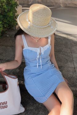 Vintage Color-Blocking Blue Checkered Camisole Dress with Elastic Shoulder Straps - DIY Vacation Style