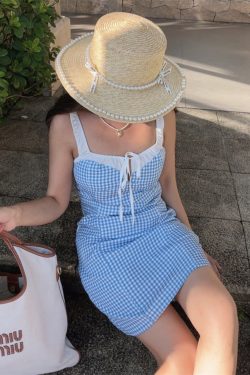 Vintage Color-Blocking Blue Checkered Camisole Dress with Elastic Shoulder Straps - DIY Vacation Style