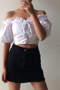 Vintage Court Puff Sleeve Ruffled Off-Shoulder Blouse with Waist Tie - High-Waisted Short Top for Y2K and Korean Style Fashion