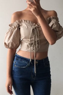 Vintage Court Puff Sleeve Ruffled Off-Shoulder Blouse with Waist Tie - High-Waisted Short Top for Y2K and Korean Style Fashion