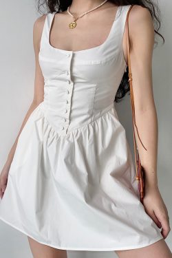 Vintage Court Style White Floral Pocket Tie Square Neck Sleeveless A-line Dress for Women - 90s Inspired Fashion