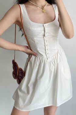 Vintage Court Style White Floral Pocket Tie Square Neck Sleeveless A-line Dress for Women - 90s Inspired Fashion