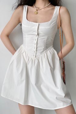 Vintage Court Style White Floral Pocket Tie Square Neck Sleeveless A-Line Dress for Women - Y2K Inspired Fashion