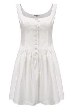 Vintage Court Style White Floral Pocket Tie Square Neck Sleeveless A-Line Dress for Women - Y2K Inspired Fashion