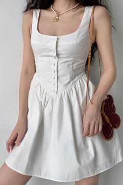 Vintage Court Style White Floral Pocket Tie Square Neck Sleeveless A-Line Dress for Women - Y2K Inspired Fashion