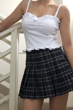 Vintage Cute Girl Ruffled Lace Trim Camisole Top with Pleats and Ribbing in Solid Color – Y2K Inspired Fashion