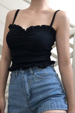 Vintage Cute Girl Ruffled Lace Trim Camisole Top with Pleats and Ribbing in Solid Color – Y2K Inspired Fashion