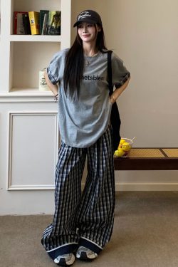 Vintage Dark Blue Plaid Wide-Leg Pants for Women - Casual Summer Straight-Leg Trousers, 90s-Inspired Retro Style