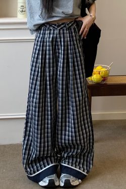 Vintage Dark Blue Plaid Wide-Leg Pants for Women - Casual Summer Straight-Leg Trousers, 90s-Inspired Retro Style