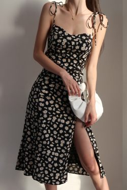 Vintage Dark Blue Spaghetti Strap Slim-Fit Split Dress with Small Daisy Print - Knee-Length European and American Style