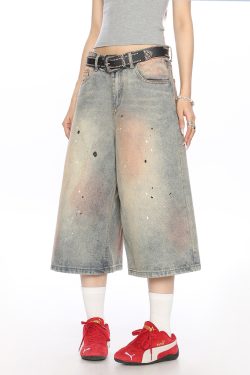 Vintage Dirty Dye Washed Denim Capri Pants - American Style Wide-Leg Casual Shorts for Summer Fashion