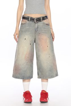 Vintage Dirty Dye Washed Denim Capri Pants - American Style Wide-Leg Casual Shorts for Summer Fashion