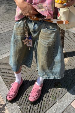 Vintage Dirty Dyed Wide-Leg Denim Capris for Men and Women - Casual Loose Fit Straight-Leg Summer Shorts, American Style