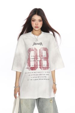 Vintage Distressed Printed Short Sleeve T-Shirt for Women - Casual Loose Fit Summer Tee, Trendy 90s Style Couple Top
