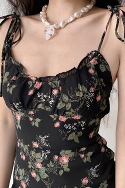 Vintage European American Floral Slip Dress with Ruffles, A-Line Skirt, Shoulder Strap, Y2K Style