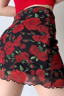 Vintage European American Rose Print Mesh High Waist Bodycon Half Skirt - Women's A-Line Skirt for DIY Fashion Lovers