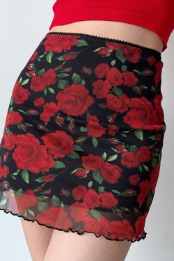Vintage European American Rose Print Tulle High Waist Bodycon Mini Skirt - Women's A-Line Style, Perfect for 90s and Y2K Fashion