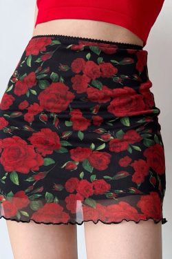 Vintage European American Rose Print Tulle High Waist Bodycon Mini Skirt - Women's A-Line Style, Perfect for 90s and Y2K Fashion