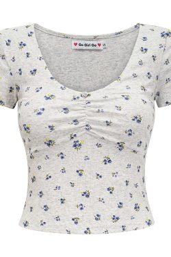 Vintage Floral Big U-Neck Short Sleeve T-Shirt for Women - DIY 90s Summer Slim Fit Top with High Waist Style