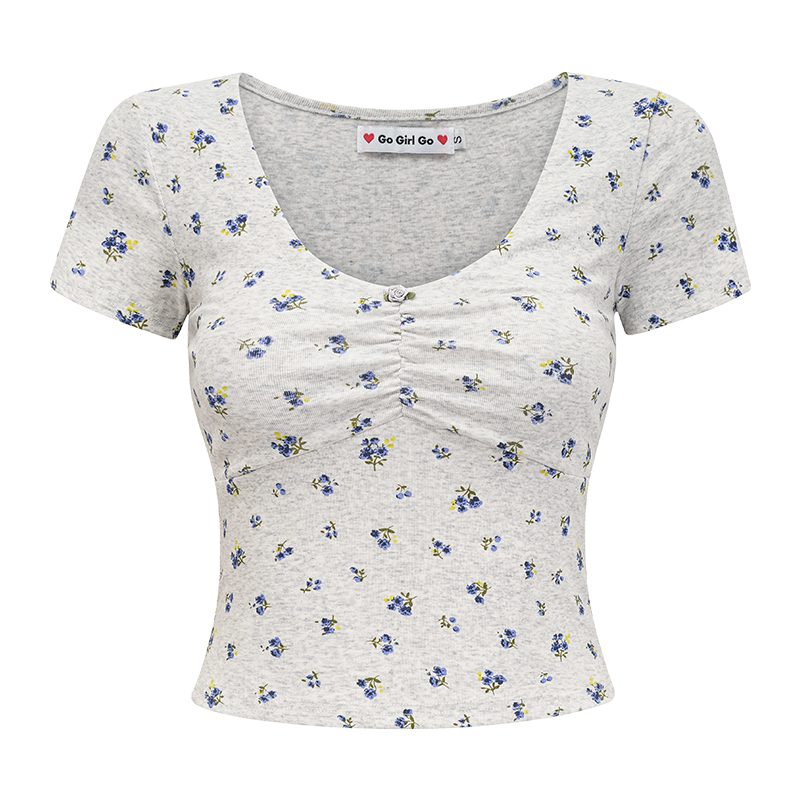 Vintage Floral Big U-Neck Short Sleeve T-Shirt for Women - DIY 90s Summer Slim Fit Top with High Waist Style Vintage Floral Big U-Neck Short Sleeve T-Shirt for Women - DIY 90s Summer Slim Fit Top with High Waist Style