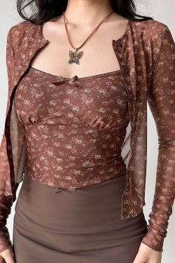 Vintage Floral Camisole Cardigan Two-Piece Set - Women's Slim Fit Crop Top and Cardigan - Trendy Hot Girl Outfit for Y2K Style